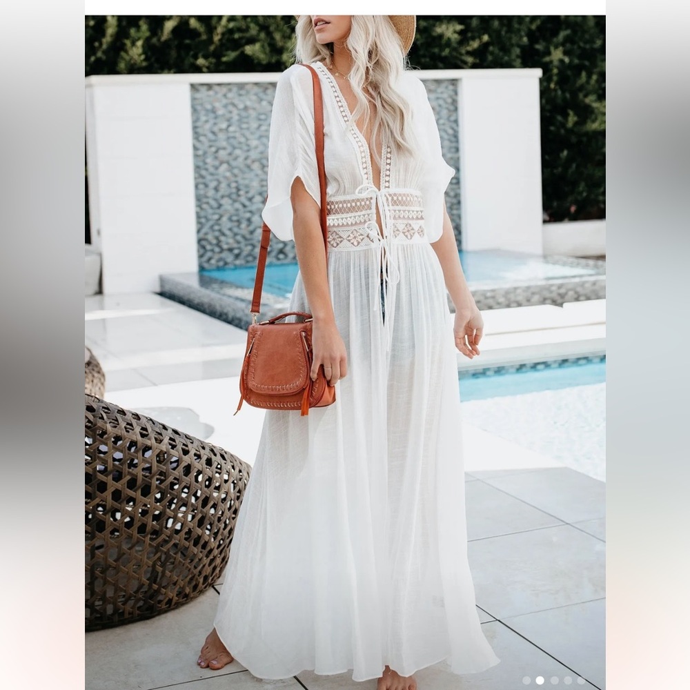 New White Lace Trim Kimono Cover-Up